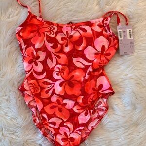 Quiksilver Red and Pink One-Piece Swimsuit with Tropical Print